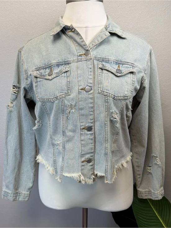 POL Jackets & Blazers - POL Light Blue & White Distressed Railroad Stripe Denim Jacket - Size Small
